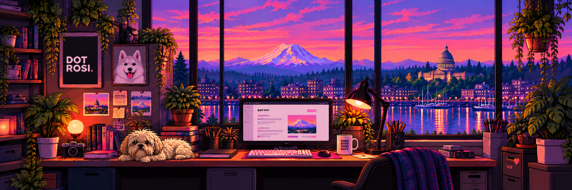 Pixel-art DOT ROSI studio at sunset, with a relaxed Shih Tzu on the desk, a white husky portrait, long windows overlooking the Olympia Capitol, waterfront, and Mount Rainier.