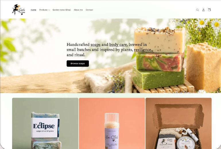 Garden Hoe Soaps online store with handmade soap photography and product listings