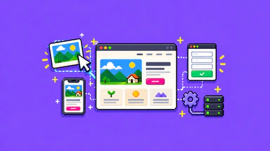 Pixel-art website preview with completed sections alongside unfinished elements waiting to be connected.