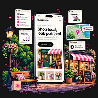 Pixel-art illustration of a smartphone showing a fictional local shop website, surrounded by service, booking, inquiry, map, and new-order panels