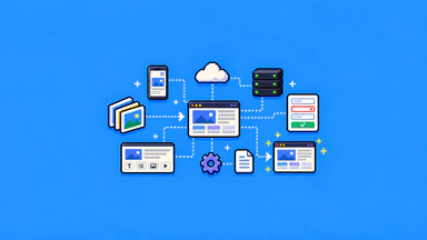 Pixel-art illustration of a website interface and its connected elements, representing the work needed beyond a static design mockup.