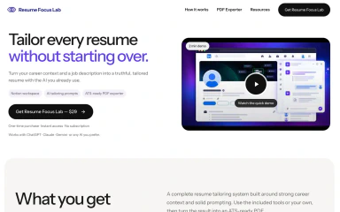 Resume Focus Lab landing page with a resume-tailoring headline, product details, and demonstration video