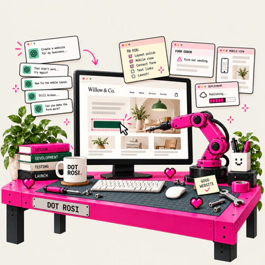 Illustration of a pink workshop desk where a robotic arm helps fix and launch a business website