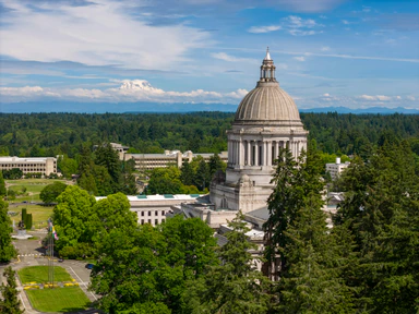 Washington State Capitol in Olympia, Washington, with Mount Rainier in the distance