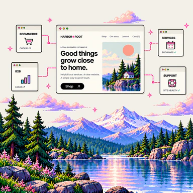 Pixel-art illustration of a local business website above a mountain lake landscape