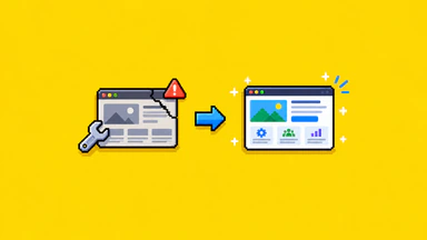 Pixel-art illustration comparing a damaged website with a wrench to an improved website interface.