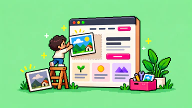 Pixel-art website editor showing an editable text area and image while the surrounding layout stays intact.